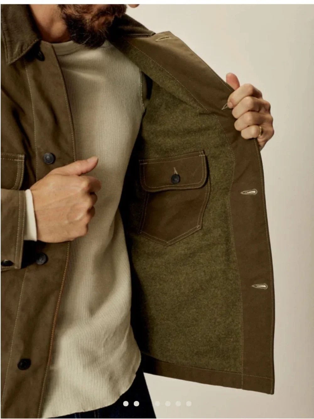 Buck Mason surplus green dry waxed canvas highland jacket size L men’s flaw